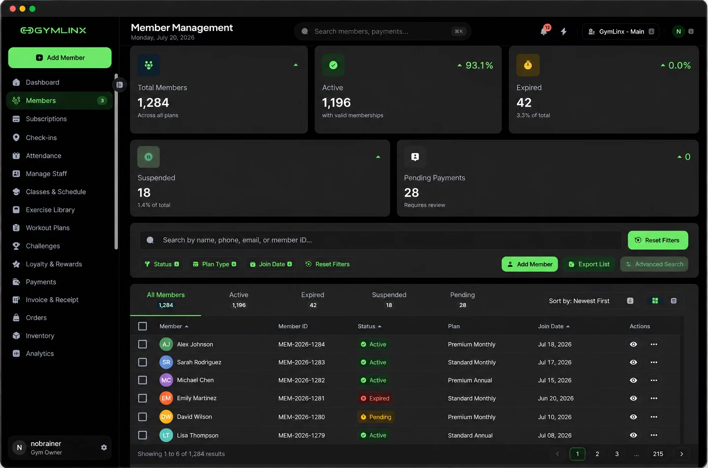 GymLinx member management screen with member counts by status, filters and a member table